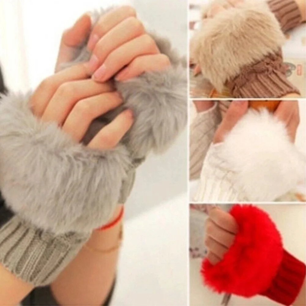 Red Faux Fur Fingerless Magic Stretchy Cropped Warm Winter Sweater Knit Gloves